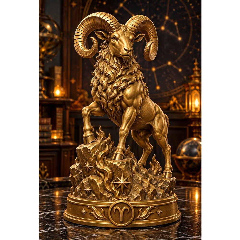 Golden Aries Zodiac Figurine Sculpture Astrology 3D Printed Resin Figurine 7 in